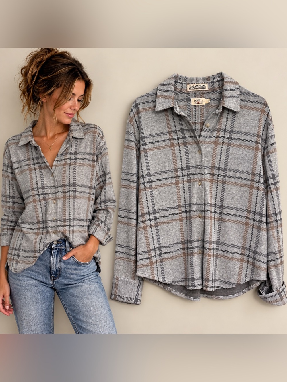 Faherty Legend Shirt Gray Plaid Button Down Top Size M Soft Knit Fleece